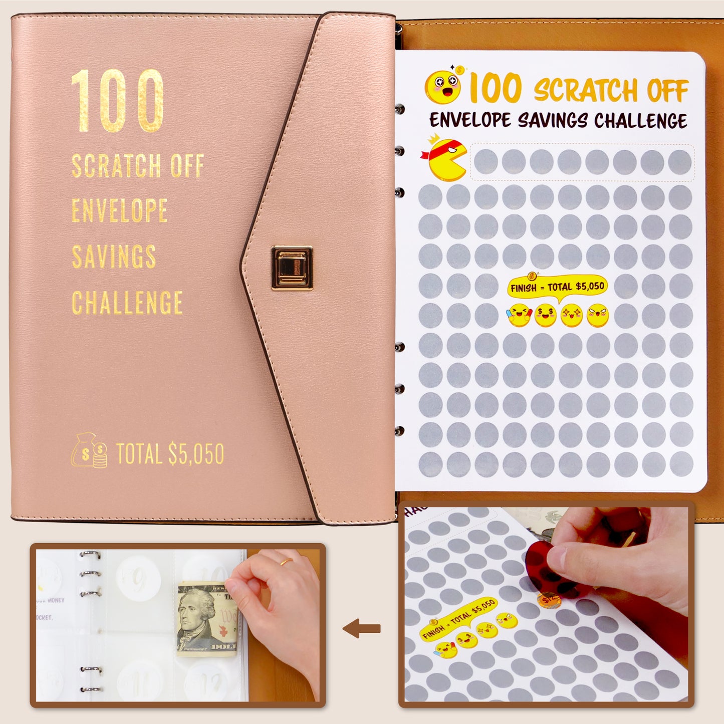 100 Scratch-Off Envelope Savings Challenge - PU Leather Binder: A New, Fun Way to Save $5,050 - Featuring New Gameplay and Version